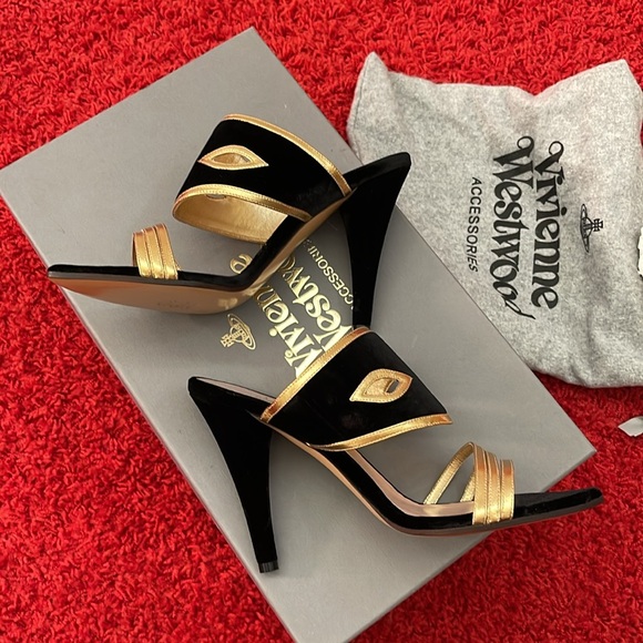 Vivienne Westwood NWT MASCHEREDE hells in blk Velvet and gold leather IT37 - Picture 13 of 13